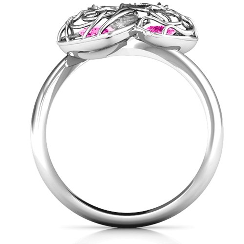Double Heart Cage Ring with 1-6 Heart Shaped Birthstones – Sterling Silver with Pink Tourmaline