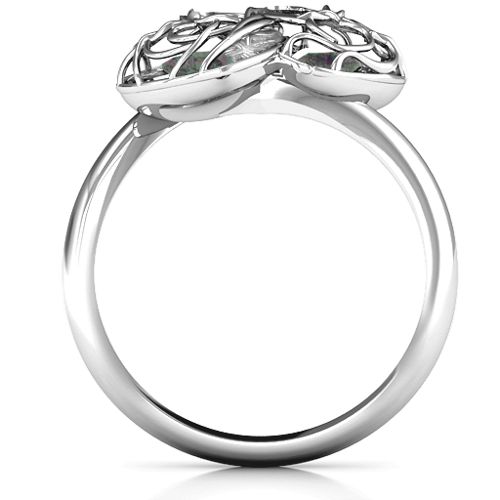 Double Heart Cage Ring with 1-6 Heart Shaped Birthstones – Sterling Silver with Alexandrite