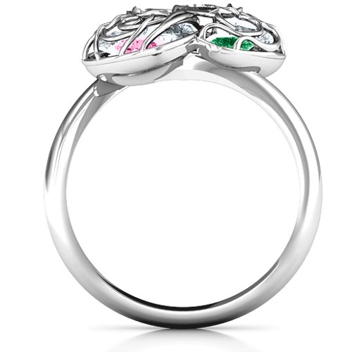 Double Heart Cage Ring with 1-6 Heart Shaped Birthstones – Sterling Silver with Pink Tourmaline, Emerald, and Cubic Zirconia