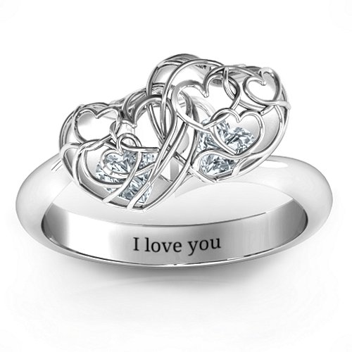 Double Heart Cage Ring with 1-6 Heart Shaped Birthstones – Sterling Silver with Diamond