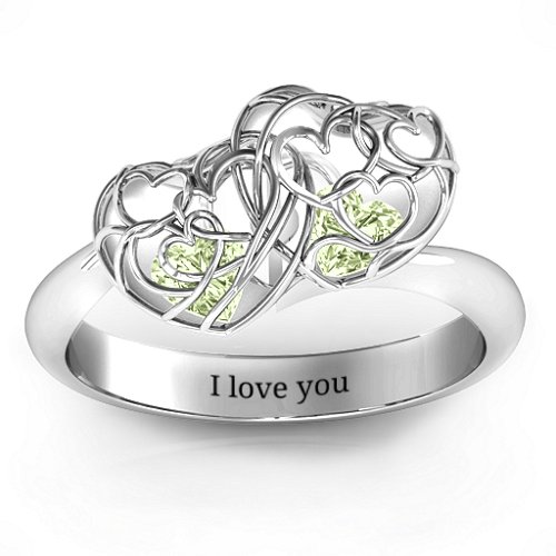 Double Heart Cage Ring with 1-6 Heart Shaped Birthstones – Sterling Silver with Peridot