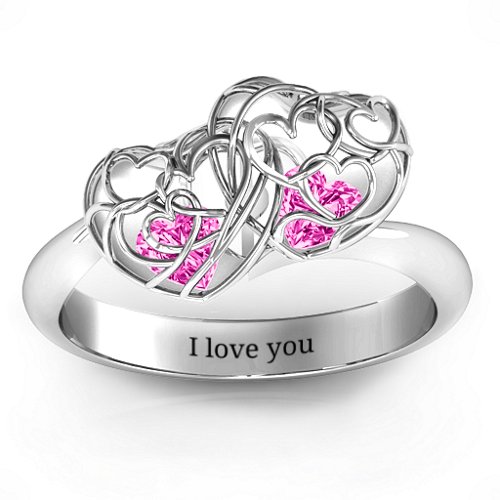 Double Heart Cage Ring with 1-6 Heart Shaped Birthstones – Sterling Silver with Pink Tourmaline