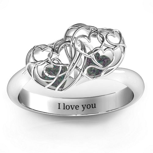 Double Heart Cage Ring with 1-6 Heart Shaped Birthstones – Sterling Silver with Alexandrite