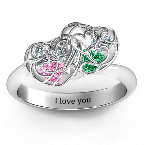 Double Heart Cage Ring with 1-6 Heart Shaped Birthstones – Sterling Silver with Pink Tourmaline, Emerald, and Cubic Zirconia