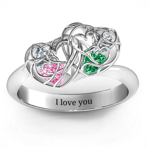 Double Heart Cage Ring with 1-6 Heart Shaped Birthstones – Sterling Silver with Pink Tourmaline, Emerald, and Cubic Zirconia