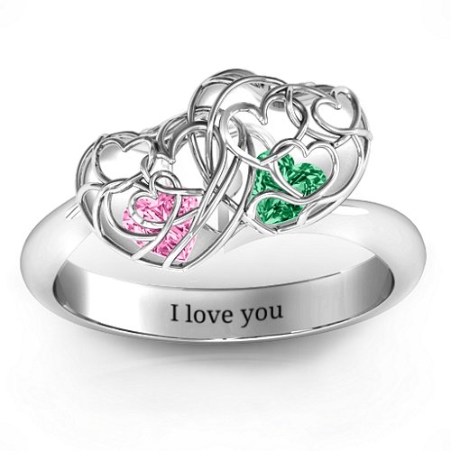 Double Heart Cage Ring with 1-6 Heart Shaped Birthstones – Sterling Silver with Pink Tourmaline and Emerald