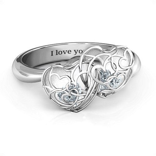 Double Heart Cage Ring with 1-6 Heart Shaped Birthstones – Sterling Silver with Diamond