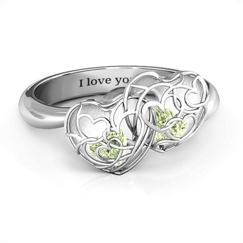 Double Heart Cage Ring with 1-6 Heart Shaped Birthstones – Sterling Silver with Peridot
