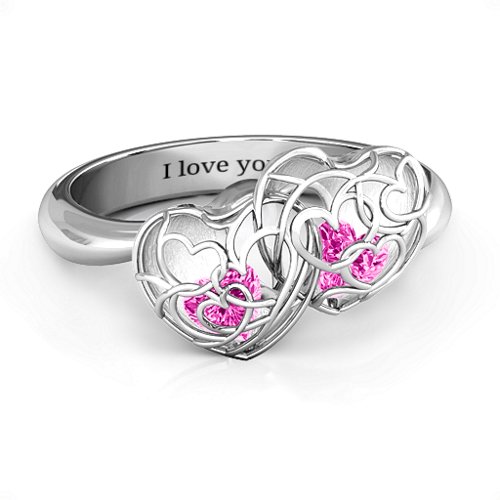 Double Heart Cage Ring with 1-6 Heart Shaped Birthstones – Sterling Silver with Pink Tourmaline