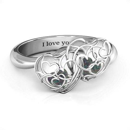 Double Heart Cage Ring with 1-6 Heart Shaped Birthstones – Sterling Silver with Alexandrite