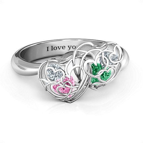 Double Heart Cage Ring with 1-6 Heart Shaped Birthstones – Sterling Silver with Pink Tourmaline, Emerald, and Cubic Zirconia