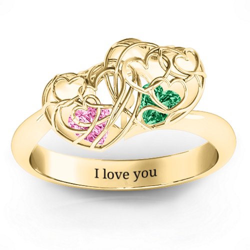 Double Heart Cage Ring with 1-6 Heart Shaped Birthstones – 10K Yellow Gold with Pink Tourmaline and Emerald