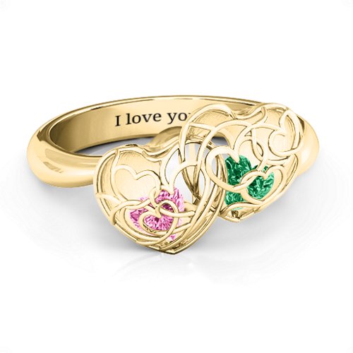 Double Heart Cage Ring with 1-6 Heart Shaped Birthstones – 10K Yellow Gold with Pink Tourmaline and Emerald