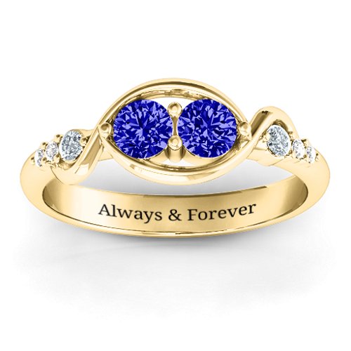 Classic Curves Two-Stone Ring – 10K Yellow Gold with Blue Sapphire, Cubic Zirconia, and White Premium Zirconia