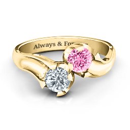 Two Stone Sparkle Ring in 10K Solid Yellow Gold with Cubic Zirconia and Pink Tourmaline