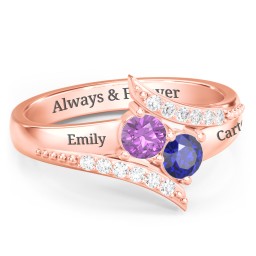 Flared Bypass Ring with Round Gemstones and Accents in 10K Solid Rose Gold with Amethyst, Blue Sapphire, and White Premium Zirconia