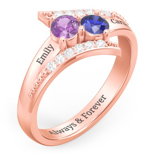 Flared Bypass Ring with Round Gemstones and Accents – 10K Rose Gold with Amethyst, Blue Sapphire, and White Premium Zirconia