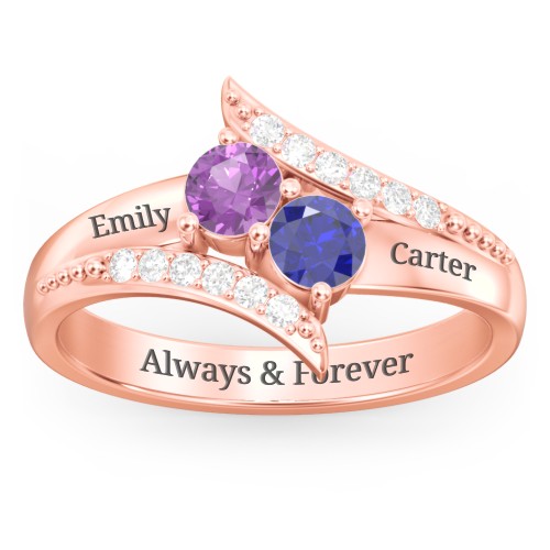 Flared Bypass Ring with Round Gemstones and Accents – 10K Rose Gold with Amethyst, Blue Sapphire, and White Premium Zirconia