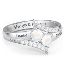 Flared Bypass Ring with Round Gemstones and Accents in 925 Sterling Silver with Opal and White Premium Zirconia