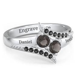 Flared Bypass Ring with Round Gemstones and Accents in 925 Sterling Silver with Smokey Quartz and Black Premium Zirconia