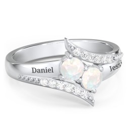 Flared Bypass Ring with Round Gemstones and Accents in 925 Sterling Silver with Opal and White Premium Zirconia