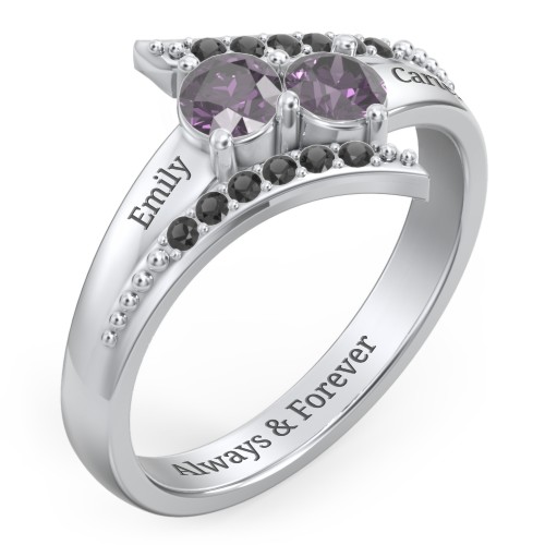 Flared Bypass Ring with Round Gemstones and Accents – Sterling Silver with Alexandrite and Black Premium Zirconia