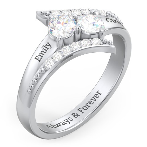Flared Bypass Ring with Round Gemstones and Accents – Sterling Silver with White Sapphire and White Premium Zirconia