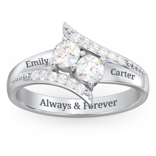 Flared Bypass Ring with Round Gemstones and Accents – Sterling Silver with Diamond
