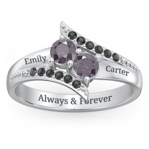 Flared Bypass Ring with Round Gemstones and Accents – Sterling Silver with Alexandrite and Black Premium Zirconia