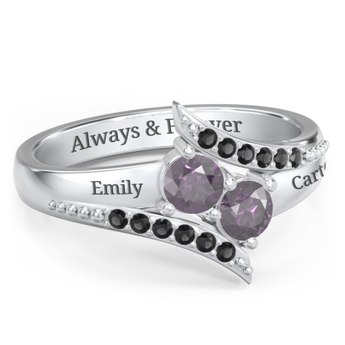 Flared Bypass Ring with Round Gemstones and Accents – Sterling Silver with Alexandrite and Black Premium Zirconia