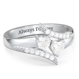 Flared Bypass Ring with Heart Gemstones and Accents in 925 Sterling Silver with Diamond