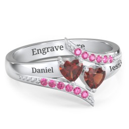Flared Bypass Ring with Heart Gemstones and Accents