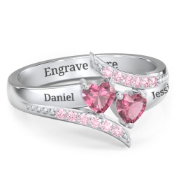 Flared Bypass Ring with Heart Gemstones and Accents