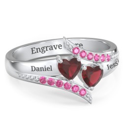Flared Bypass Ring with Heart Gemstones and Accents
