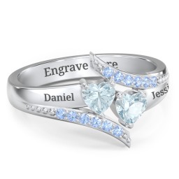 Flared Bypass Ring with Heart Gemstones and Accents