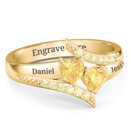 Flared Bypass Ring with Heart Gemstones and Accents