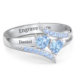 Flared Bypass Ring with Heart Gemstones and Accents