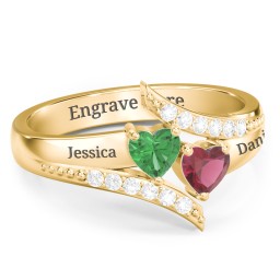 Flared Bypass Ring with Heart Gemstones and Accents in 10K Solid Yellow Gold with Emerald, Ruby, and White Premium Zirconia