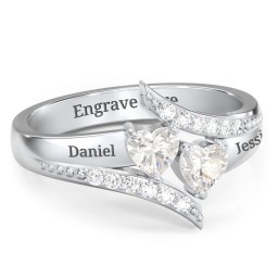 Flared Bypass Ring with Heart Gemstones and Accents