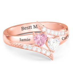 Flared Bypass Ring with Heart Gemstones and Accents in 10K Solid Rose Gold