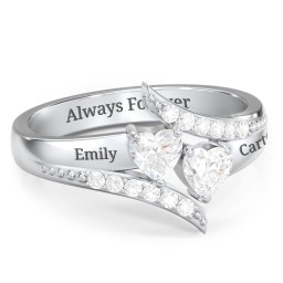 Flared Bypass Ring with Heart Gemstones and Accents in 925 Sterling Silver with Diamond
