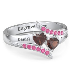 Flared Bypass Ring with Heart Gemstones and Accents in 925 Sterling Silver with Garnet and Red Premium Zirconia