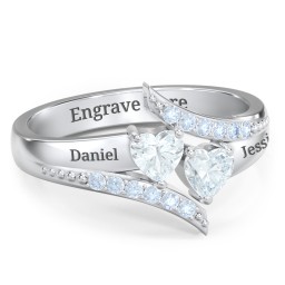 Flared Bypass Ring with Heart Gemstones and Accents in 925 Sterling Silver with Aquamarine and Fancy Blue Premium Zirconia