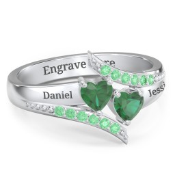 Flared Bypass Ring with Heart Gemstones and Accents in 925 Sterling Silver with Emerald and Green Premium Zirconia