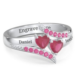 Flared Bypass Ring with Heart Gemstones and Accents in 925 Sterling Silver with Ruby and Red Premium Zirconia