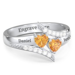 Flared Bypass Ring with Heart Gemstones and Accents in 925 Sterling Silver with Citrine and Diamond