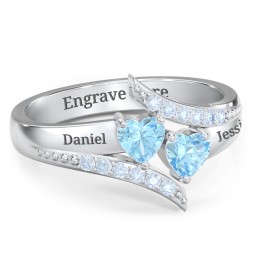 Flared Bypass Ring with Heart Gemstones and Accents in 925 Sterling Silver with Blue Topaz and Fancy Blue Premium Zirconia