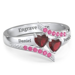 Flared Bypass Ring with Heart Gemstones and Accents in 925 Sterling Silver with Garnet and Red Premium Zirconia
