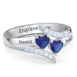 Flared Bypass Ring with Heart Gemstones and Accents in 925 Sterling Silver with Blue Sapphire and Fancy Blue Premium Zirconia