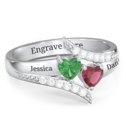 Flared Bypass Ring with Heart Gemstones and Accents in 925 Sterling Silver with Emerald, Ruby, and White Premium Zirconia